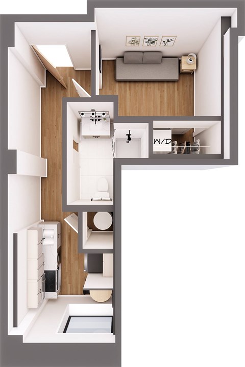 A modern kitchen with a refrigerator, sink, and cabinets.